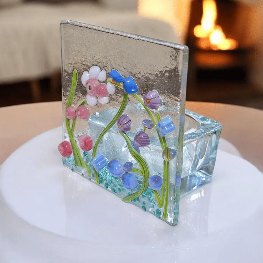 Fused glass tealight holder with handmade floral meadow design and bluebirds, artisan spring home decor gift idea