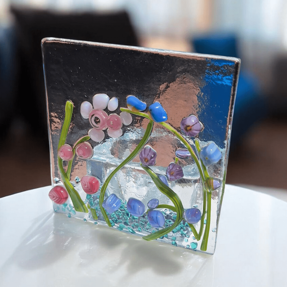 Fused Glass Wildflower Candle Holder with Bluebird Tealight - Image 5