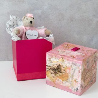 Get well soon message bear in pink shown in up-cycled mixed media decorated gift box