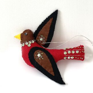 Snowbird Felt Christmas Tree Decoration in Red, Brown and Black With Embroidery and Sequins