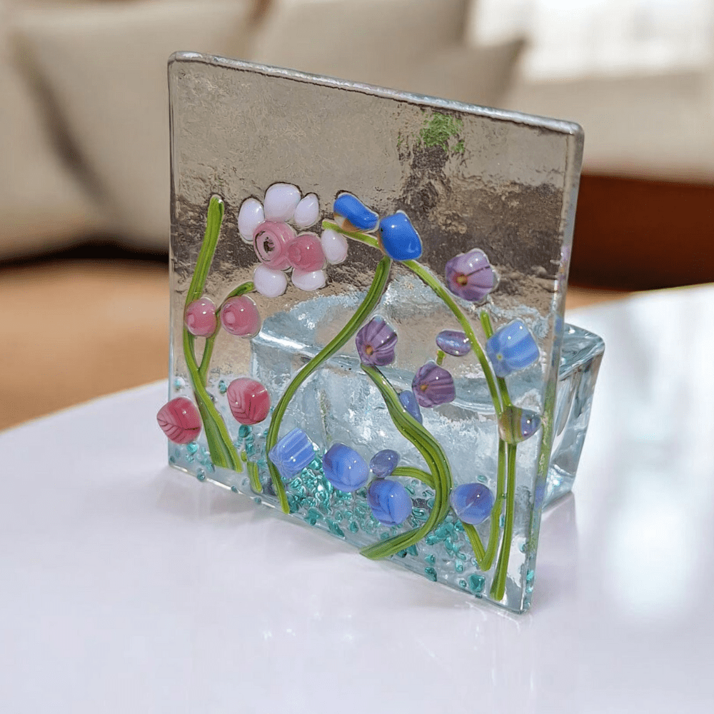 Fused Glass Wildflower Candle Holder with Bluebird Tealight - Image 4
