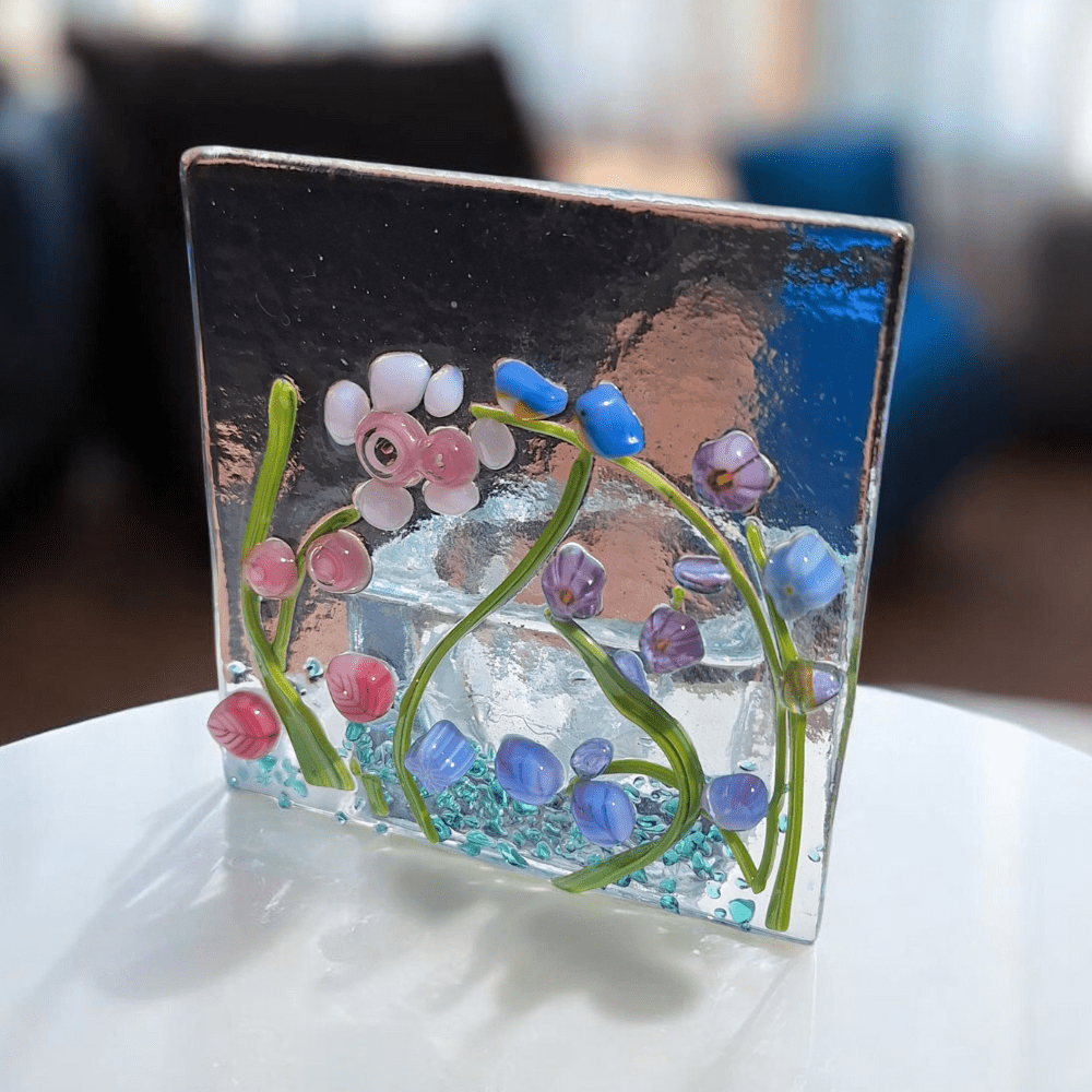 Fused Glass Wildflower Candle Holder with Bluebird Tealight - Image 3