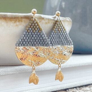 Bead woven tear drop shape large earrings with golden brass detail
