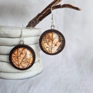Botanical leaf earrings - eco print art in wooden dangles - fragments of Nature collection