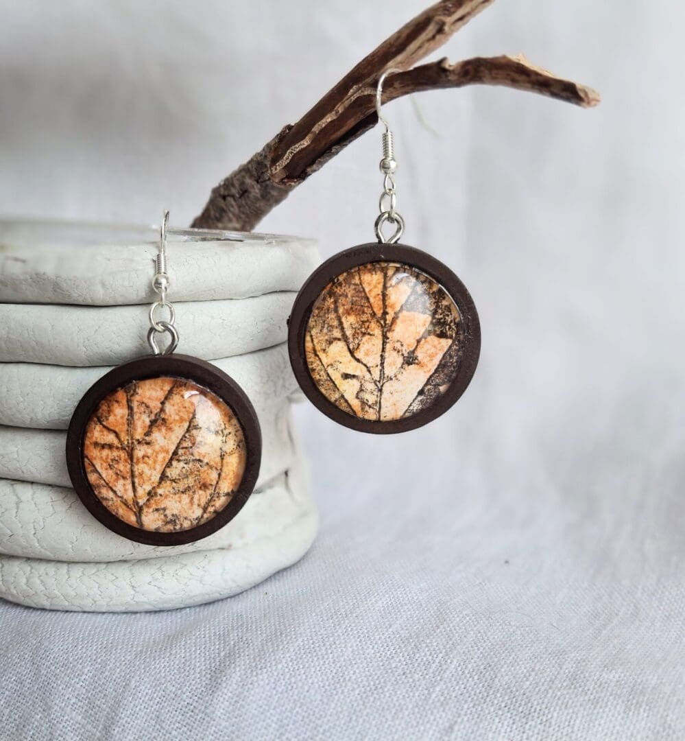 Botanical leaf earrings - eco print art in wooden dangles - fragments of Nature collection