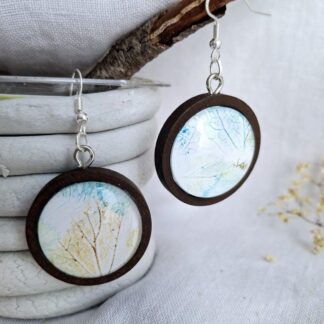 Botanical leaf earrings- eco print art in wooden dangles - Fragments of Nature collection