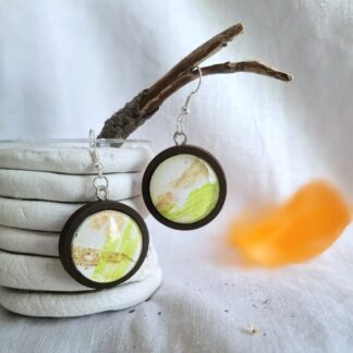 Botanical leaf earrings- eco print art in wooden dangles - Fragments of Nature collection