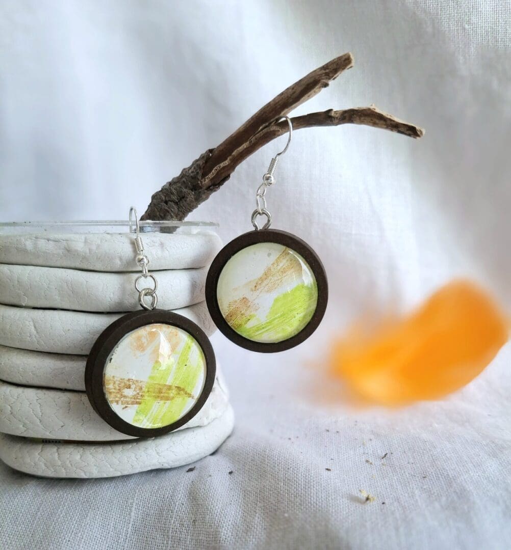 Botanical leaf earrings- eco print art in wooden dangles - Fragments of Nature collection