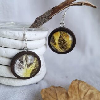 Botanical leaf earrings- eco print art in wooden dangles - Fragments of Nature collection