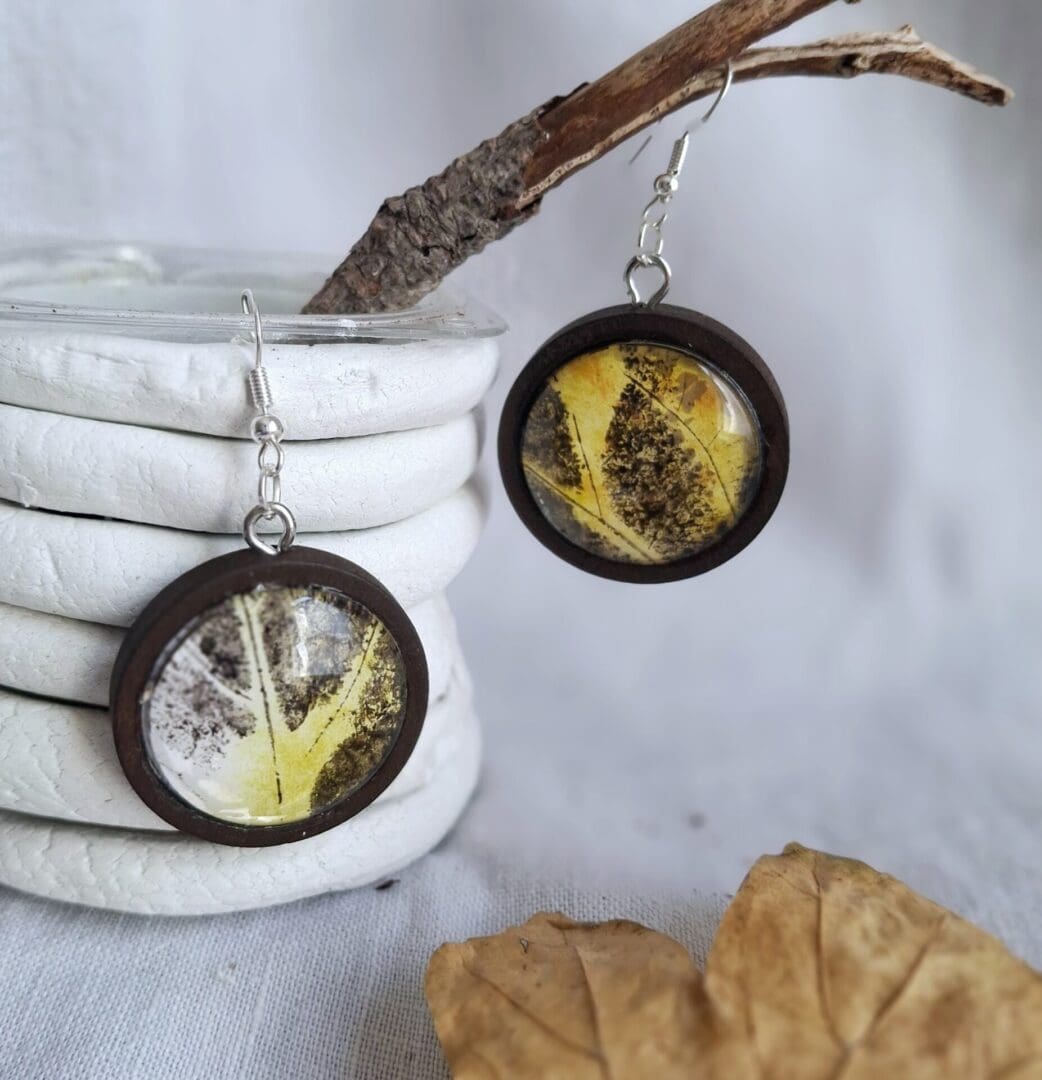 Botanical leaf earrings- eco print art in wooden dangles - Fragments of Nature collection
