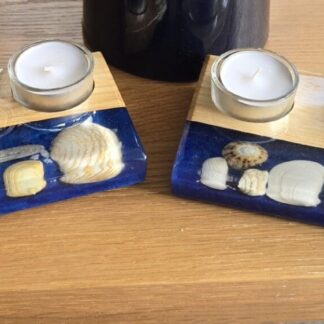 Shell and Driftwood Resin Tealight Holders on Wooden Table