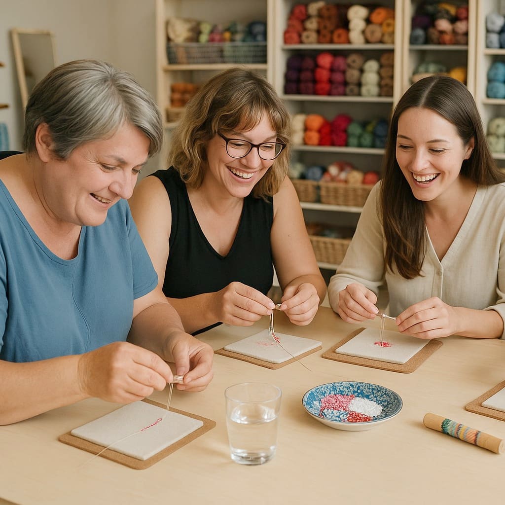Three women sit together at a craft venue enjoying a bead weaving workshop
