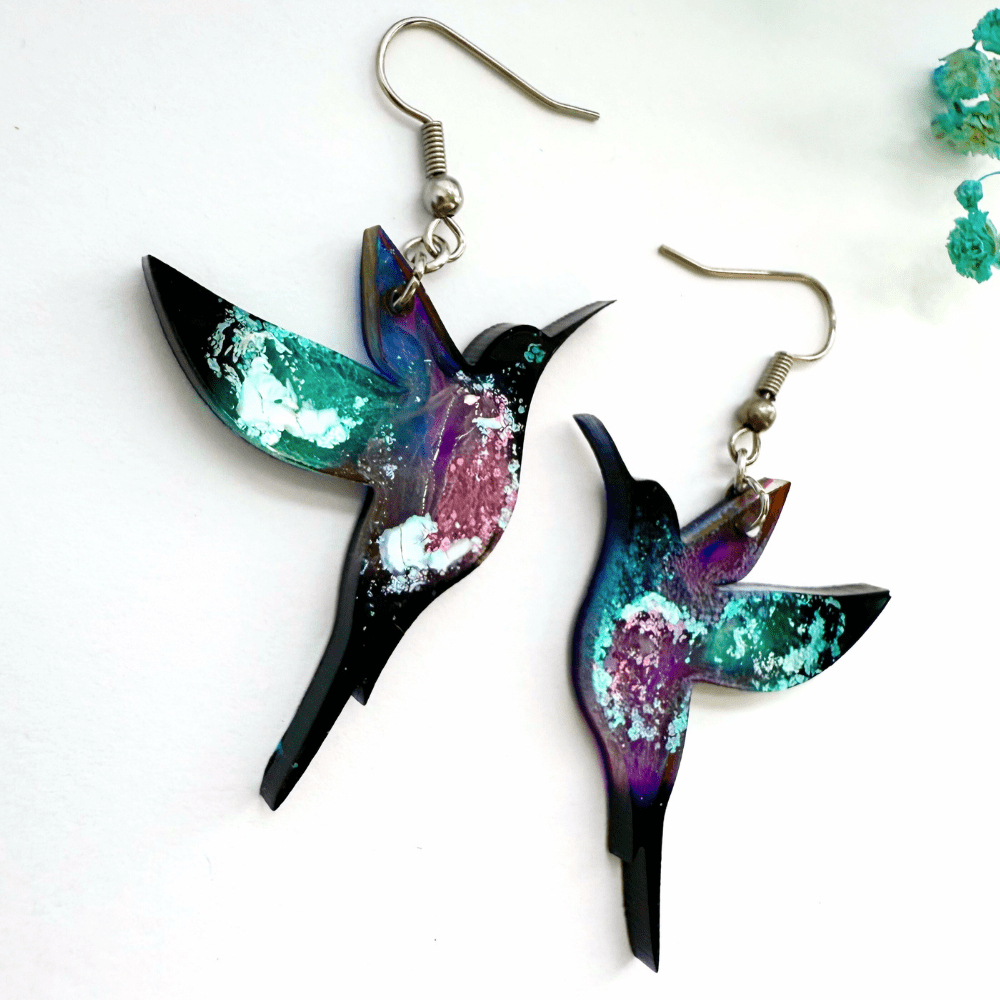 Galaxy Hummingbird Earrings | Statement Bird Dangles | Lightweight Resin Jewellery | Boho Nature-Inspired Gift | Hypoallergenic Hooks - Image 6
