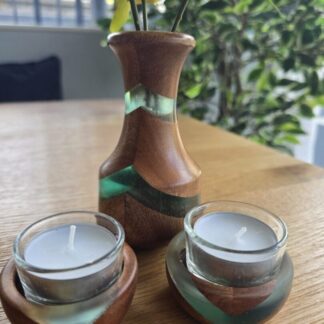 Chevron Wood and Green Resin Vase with Matching Tealight Holders