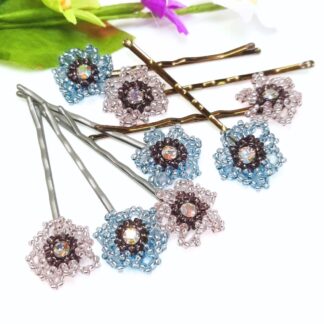 Pretty pink and blue beaded flower Hair grips with a crystal centre