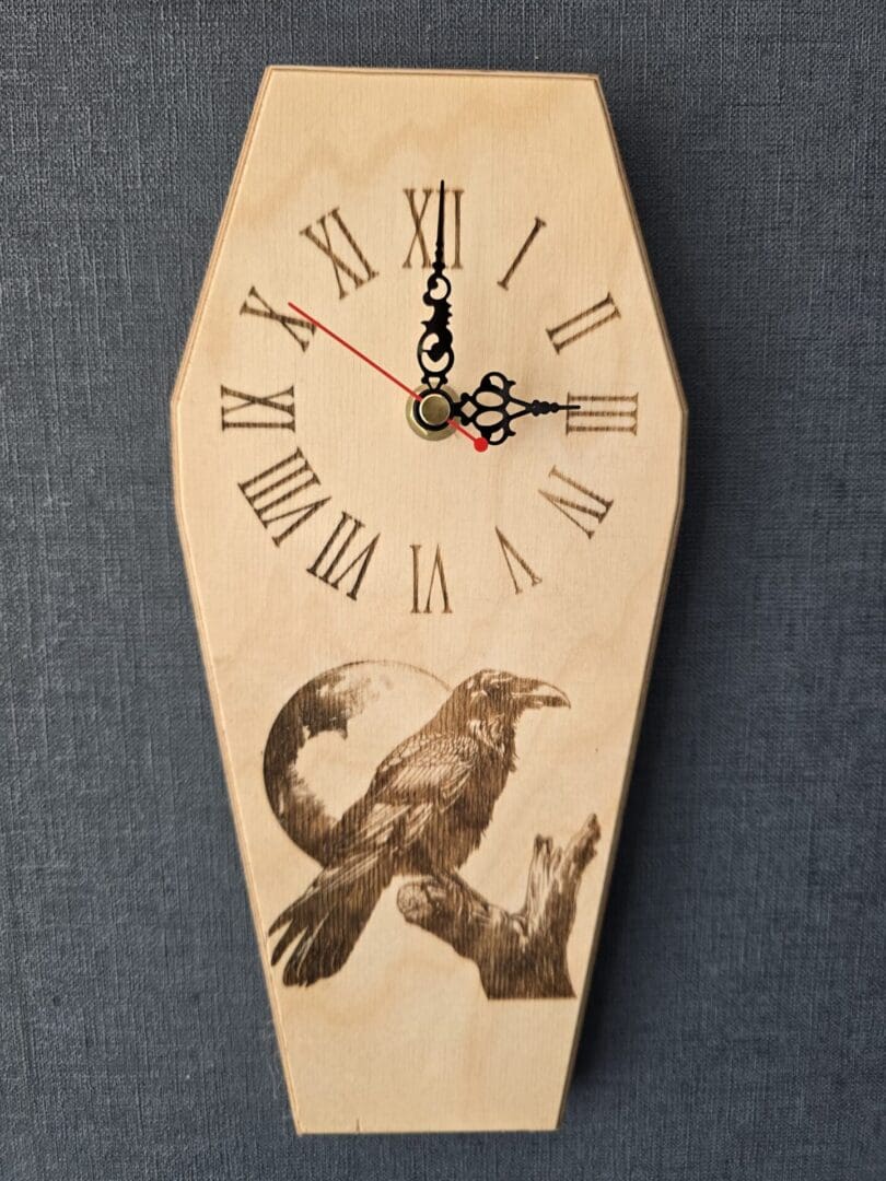 Gothic Coffin Wall Clock with Raven Engraving - Image 2