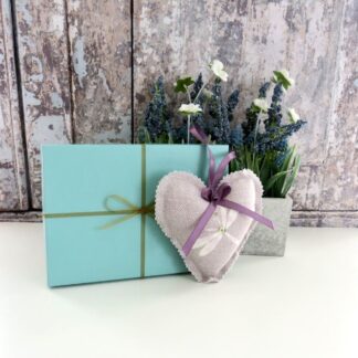 A make your own lavender heart kit in a lilac dragonfly print.