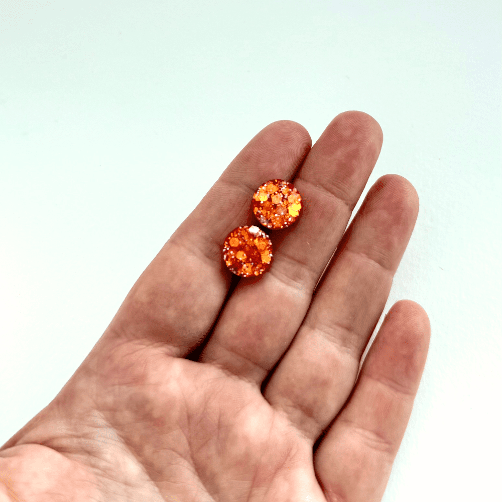 Fiery Red Glitter Stud Earrings – Handmade Resin Hypoallergenic Jewellery - Image 2