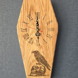 Oak Coffin-Shaped Wall Clock with Raven and Skull Engraving