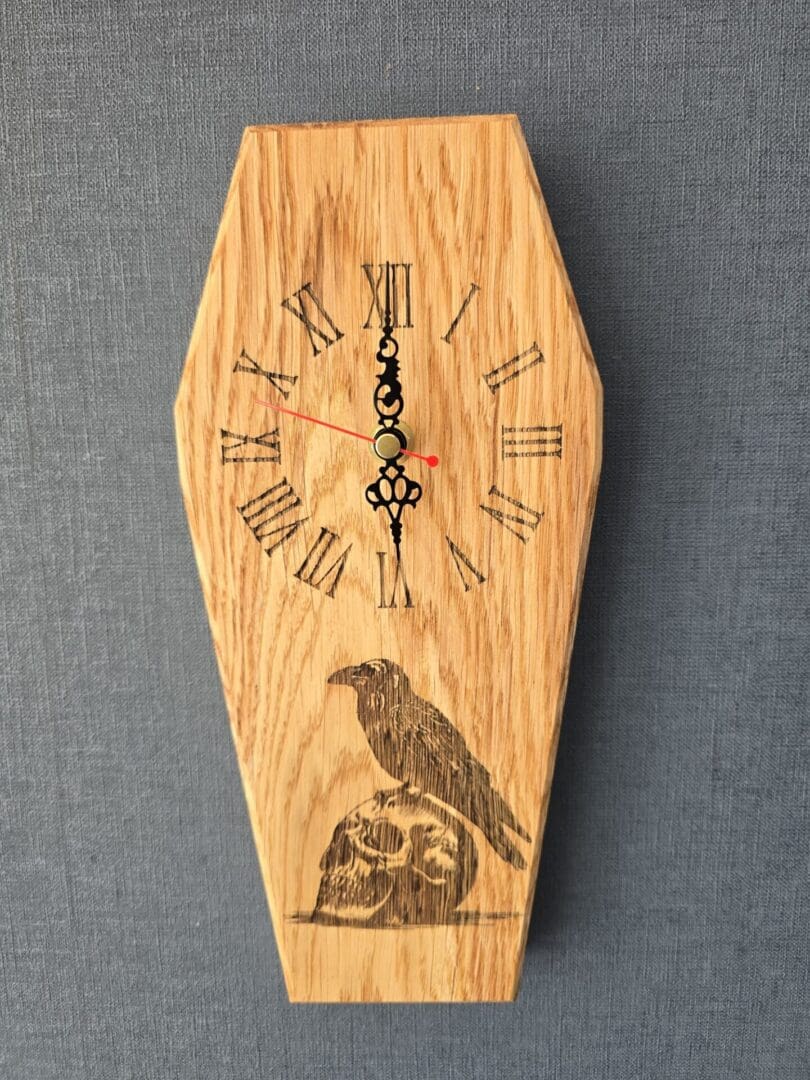Oak Coffin-Shaped Wall Clock with Raven and Skull Engraving