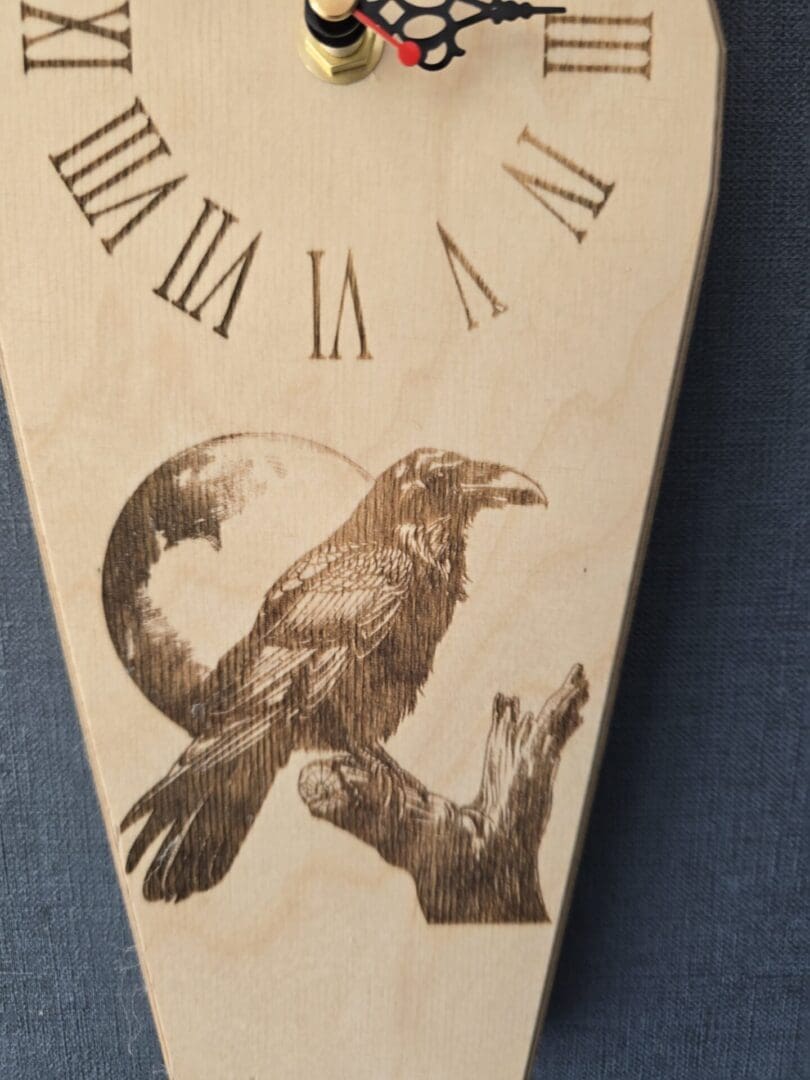 Gothic Coffin Wall Clock with Raven Engraving - Image 5