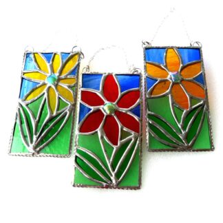 Flower picture orange yellow red stained glass suncatcher