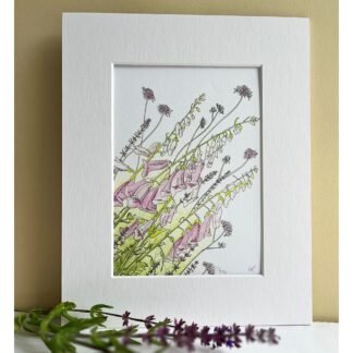 print of cottage garden flowers with salvias in front
