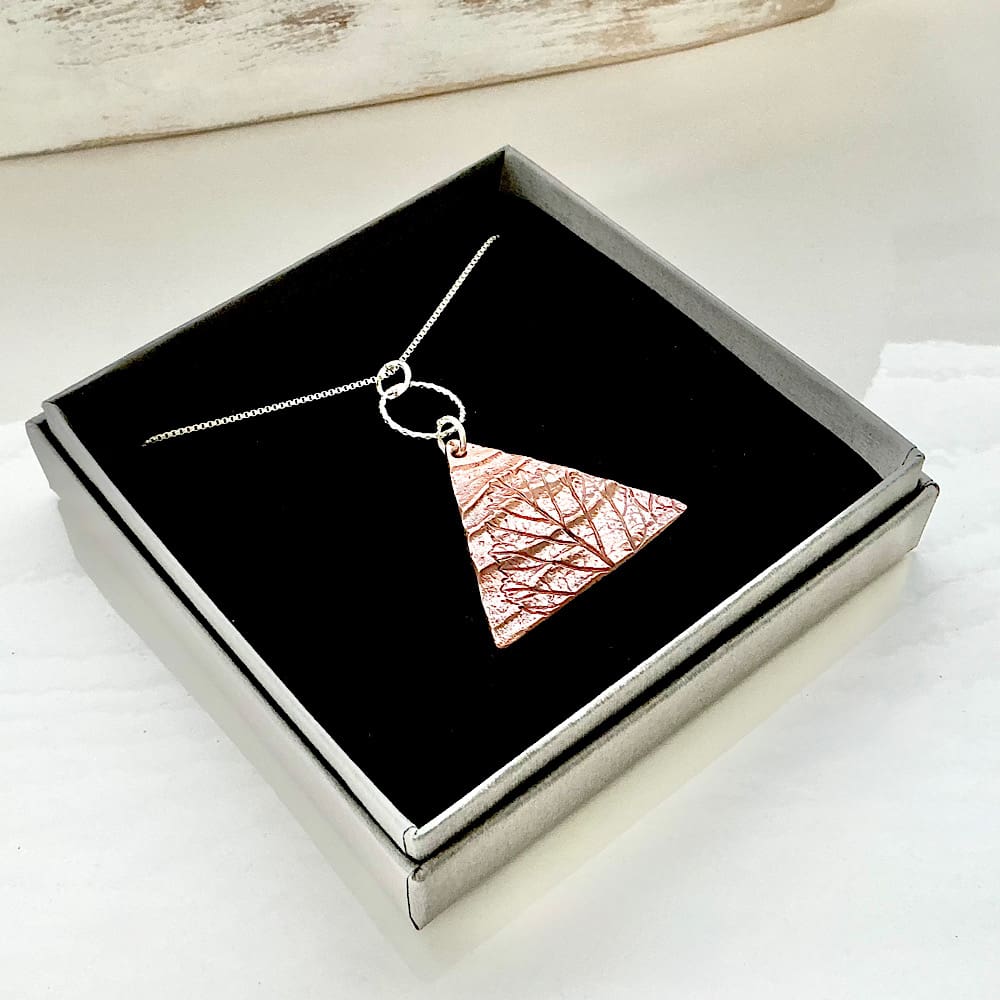 Copper Pressed Leaf Pendant Necklace - Silver Ring - Image 5