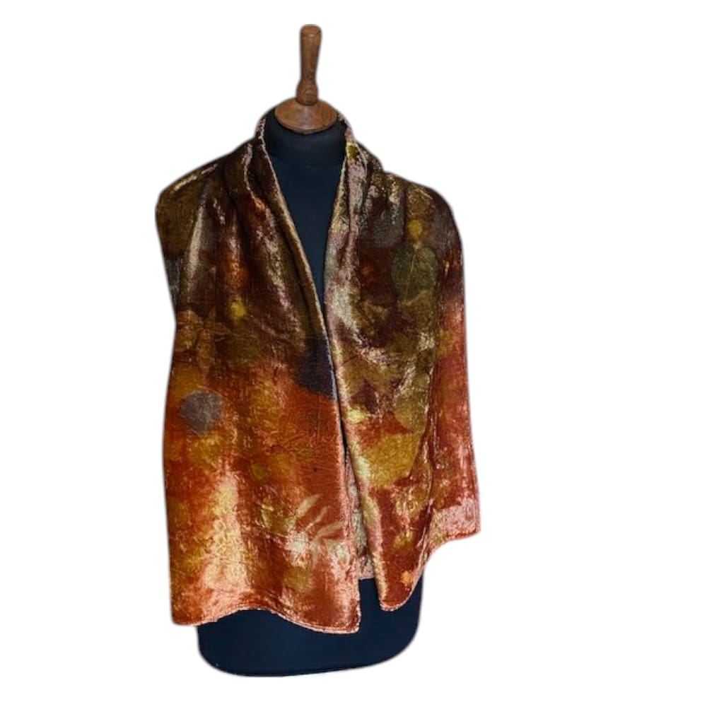 Chocolate Orange Silk Velvet Scarf Natural Dyes and Botanically Printed with Leaves - Image 2
