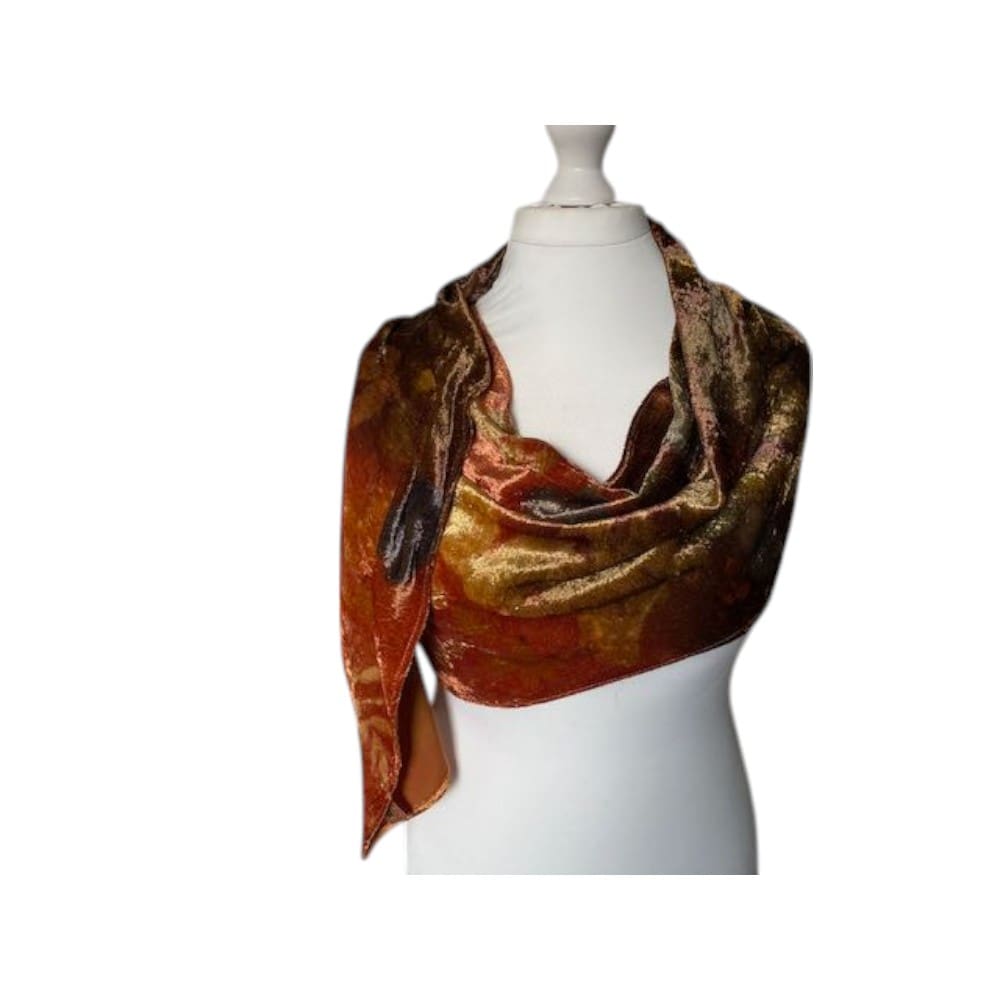 Chocolate Orange Silk Velvet Scarf Natural Dyes and Botanically Printed with Leaves - Image 4