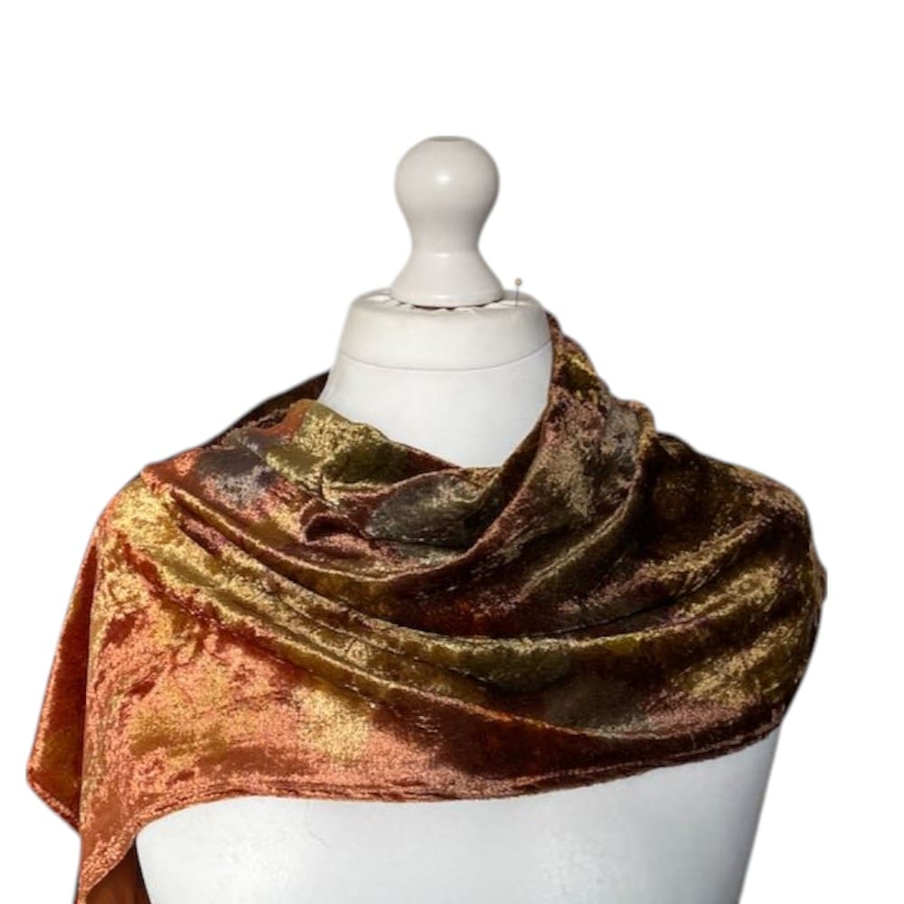 Chocolate Orange Silk Velvet Scarf Natural Dyes and Botanically Printed with Leaves - Image 3
