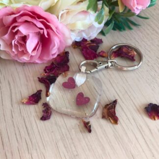 Two-love-hearts-on-clear-glass-handmade-keyring