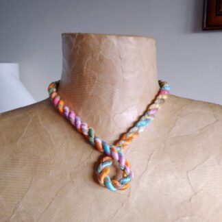 upcycled fabric necklace in orange, blue and pink