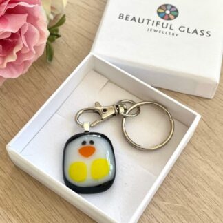 Small penguin keyring handmade with fused glass cute small gift