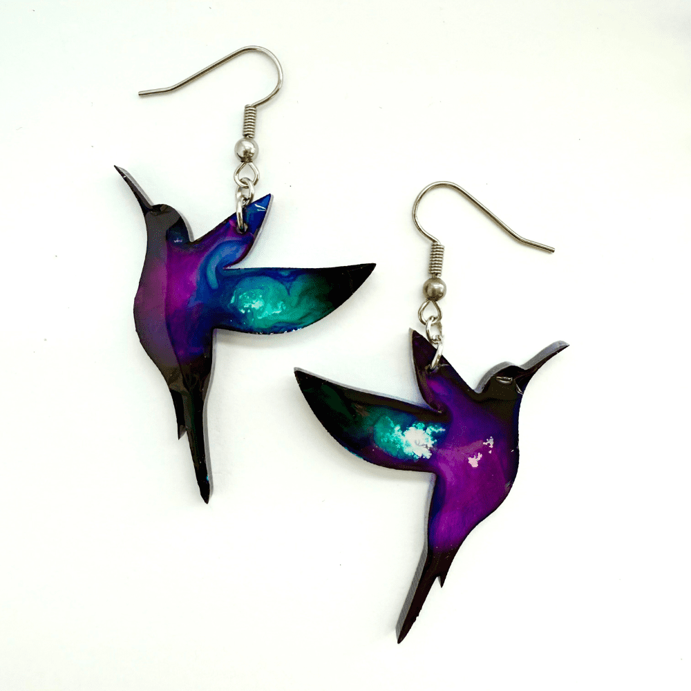 Galaxy Hummingbird Earrings | Statement Bird Dangles | Lightweight Resin Jewellery | Boho Nature-Inspired Gift | Hypoallergenic Hooks - Image 2