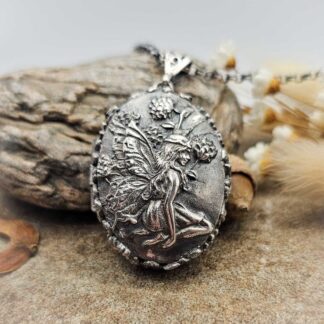 Large Handmade Oval Fairy Locket in Sterling Silver with 3D Details and Antique Finish