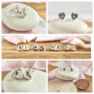 Collage showing the four different styles of little stud earrings available to buy.