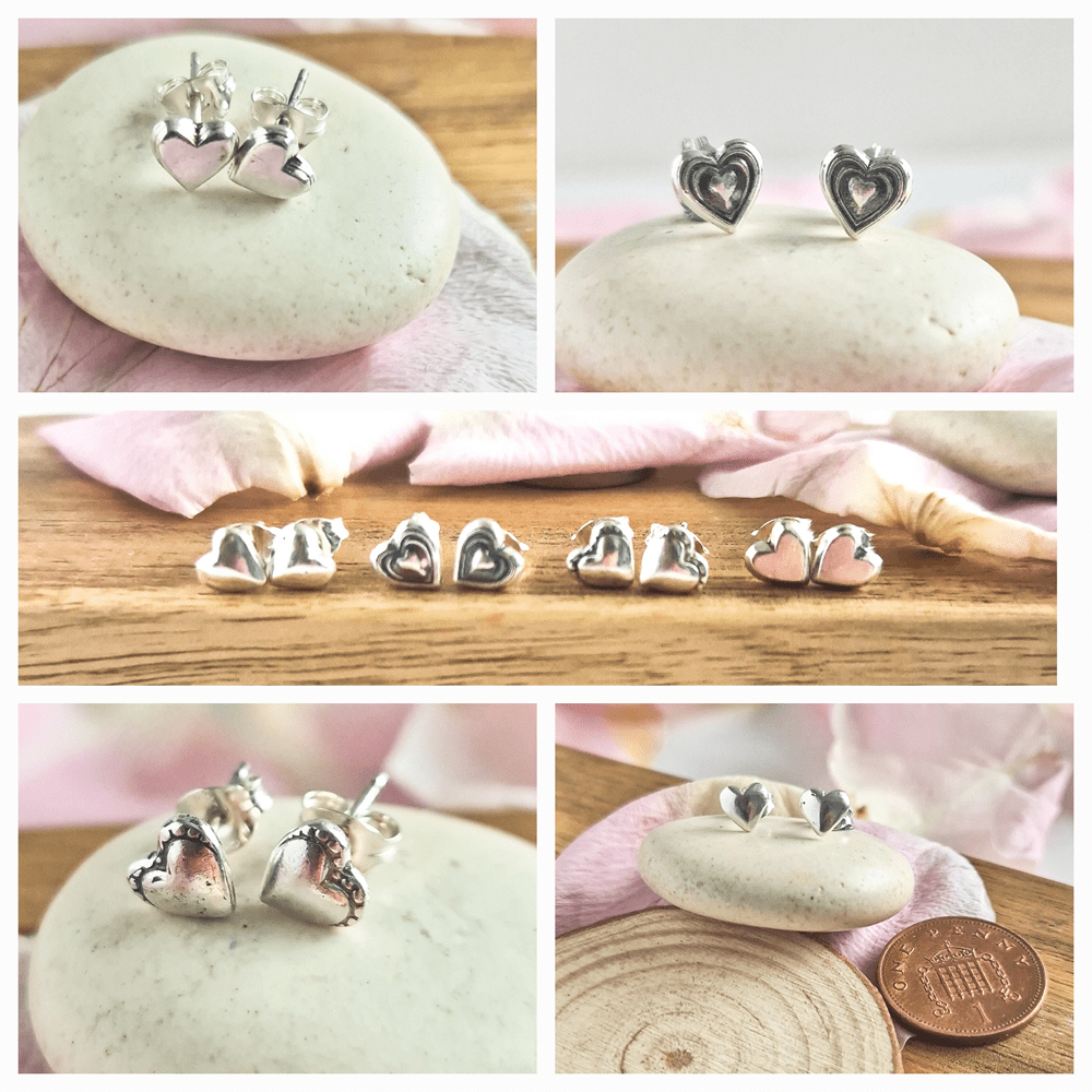 Collage showing the four different styles of little stud earrings available to buy.