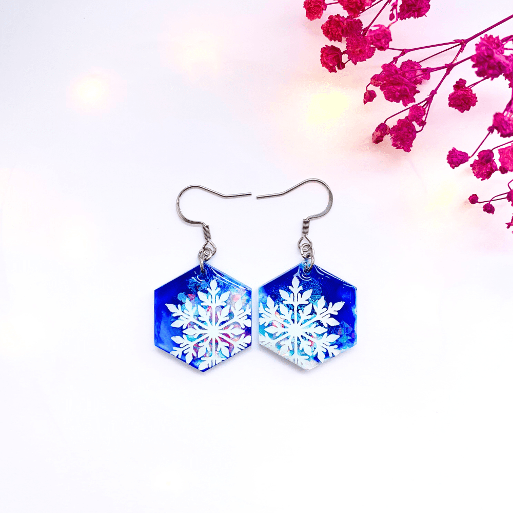 Blue Snowflake Hypoallergenic Earrings – Quirky Winter Jewellery - Image 2