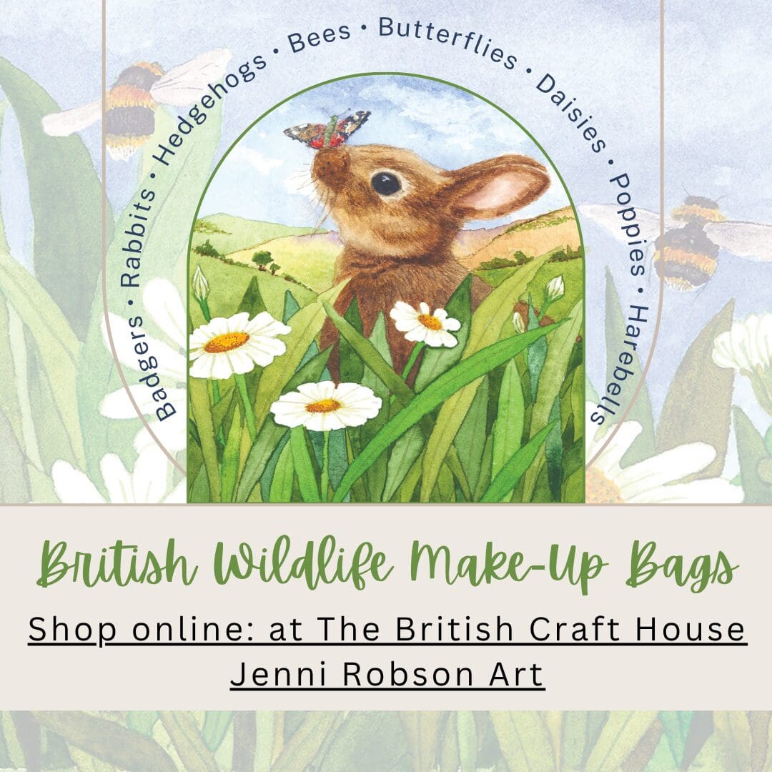 British Wildlife Make Up Bags. Blog by Jenni Robson Rabbits, badgers, hedgehogs, bees, flowers, butterflies