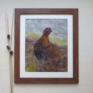 A brownish red plump bird walking through purple heather. The bird has it's wattles raised like bright red bushy eyebrows.