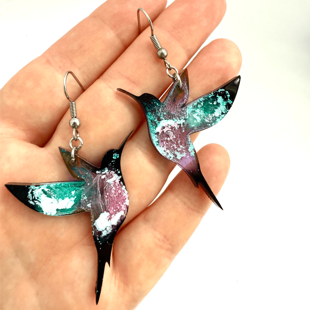 Galaxy Hummingbird Earrings | Statement Bird Dangles | Lightweight Resin Jewellery | Boho Nature-Inspired Gift | Hypoallergenic Hooks - Image 7