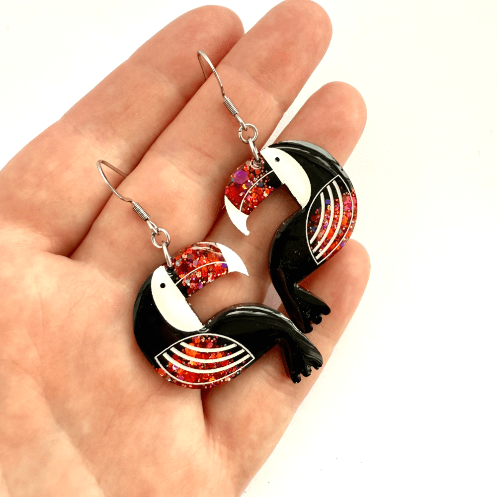Tropical Toucan Red Glitter Resin Earrings – Bold Bird Statement Jewellery - Image 7