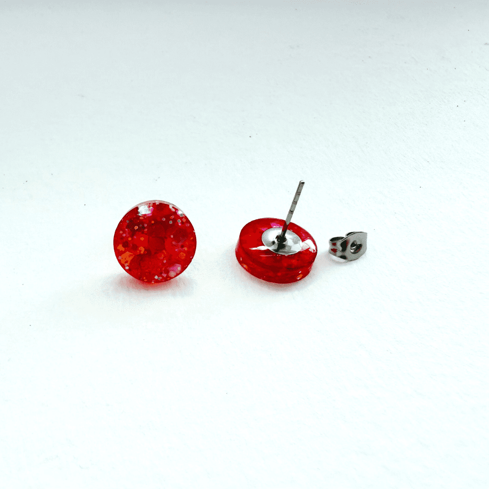 Fiery Red Glitter Stud Earrings – Handmade Resin Hypoallergenic Jewellery - Image 8