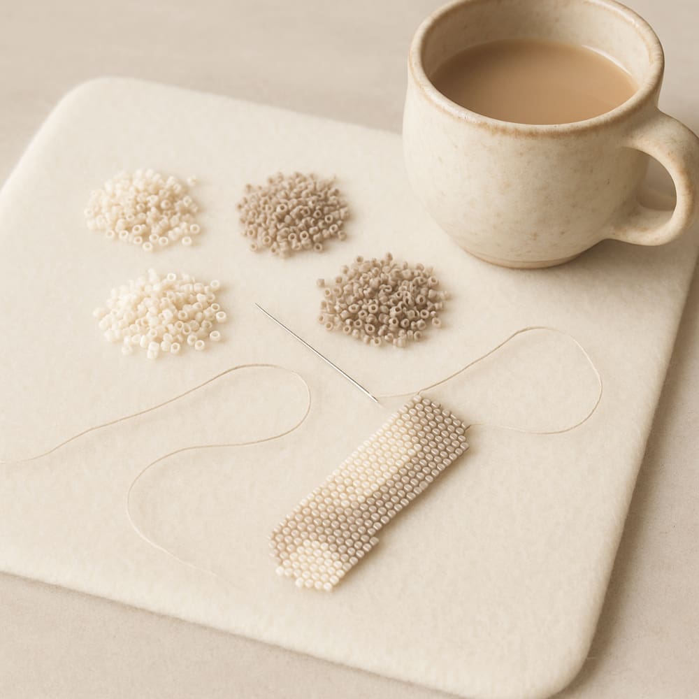 A cup of coffee and some bead weaving in progress