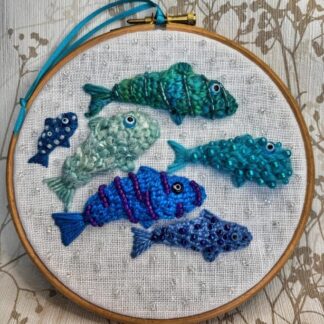 6" Embroidery Hoop with 6 different fish in shades of blue