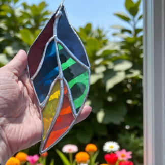 Handmade multicoloured stained glass leaf hanging