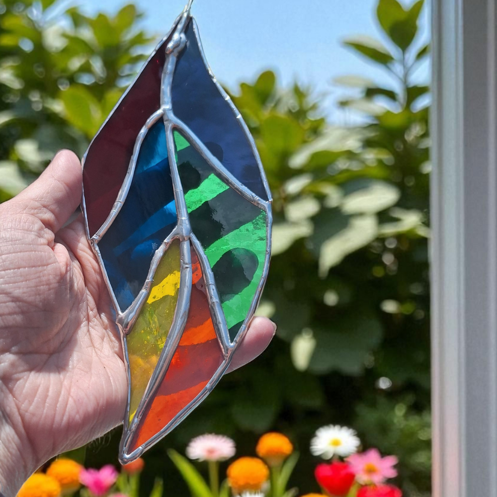Handmade multicoloured stained glass leaf hanging