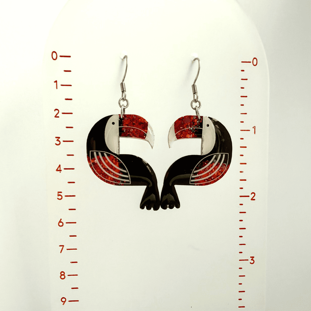 Tropical Toucan Red Glitter Resin Earrings – Bold Bird Statement Jewellery - Image 4