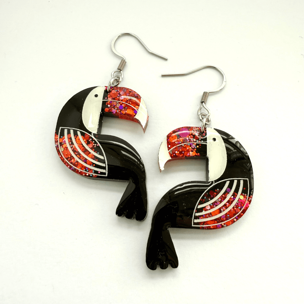 Tropical Toucan Red Glitter Resin Earrings – Bold Bird Statement Jewellery - Image 8